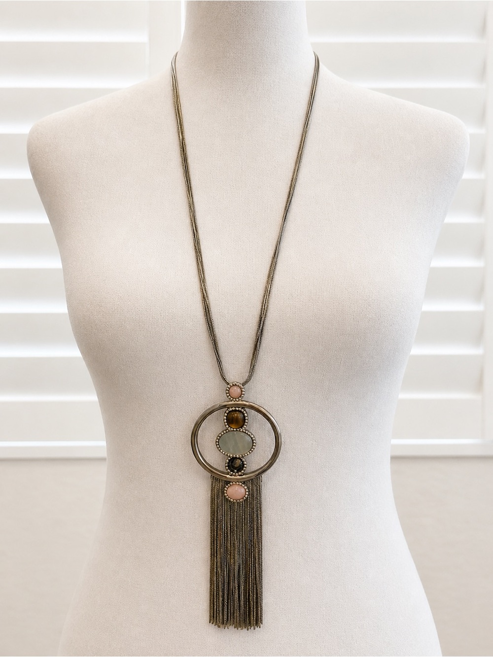 White House Black Market Pink and Silver Long Fringe Pendant Necklace